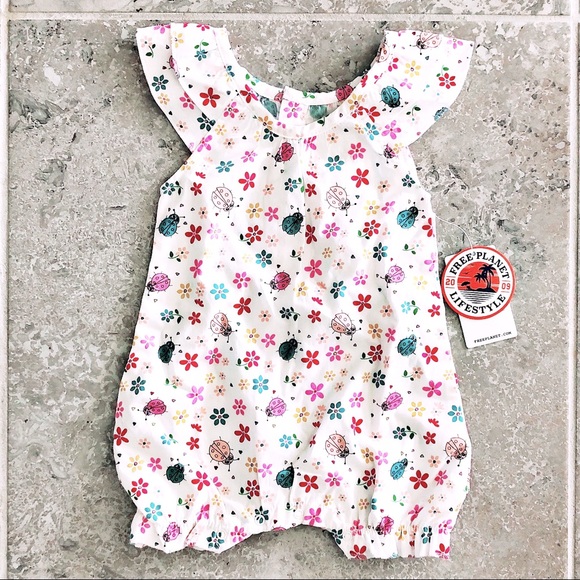 Free Planet White Floral Romper Cotton Pleated Baby Girl NWT - Picture 2 of 8